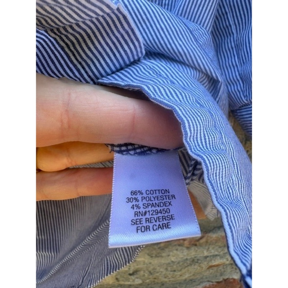 Blue‎ White Striped Button Down Shirt 3/4 Roll Tab Sleeve Stretch Top Large - Picture 2 of 6